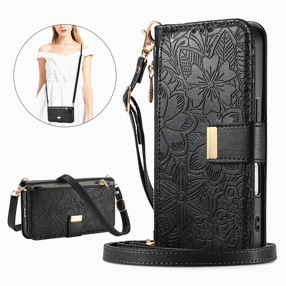 Floral Embossed Zipper Wallet Case for Samsung Galaxy A05, Soft TPU and PU Leather with Lanyard & Card Slots & Kickstand & Magnetic Clasp, Shockproof Drop Protective Rugged Case Cover, Black