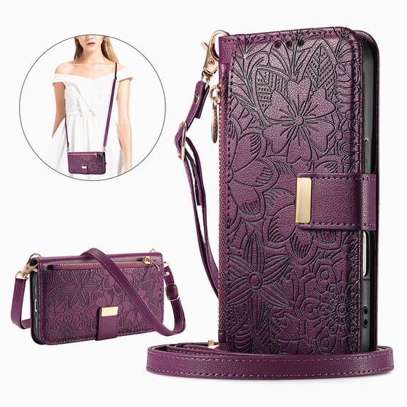 Floral Embossed Zipper Wallet Case for Samsung Galaxy A05, Soft TPU and PU Leather with Lanyard & Card Slots & Kickstand & Magnetic Clasp, Shockproof Drop Protective Rugged Case Cover, Purple