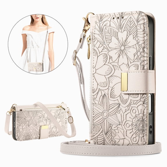 Floral Embossed Zipper Wallet Case for Samsung Galaxy A05, Soft TPU and PU Leather with Lanyard & Card Slots & Kickstand & Magnetic Clasp, Shockproof Drop Protective Rugged Case Cover, Beige