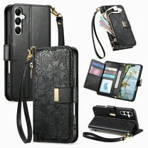 Floral Embossed Zipper Wallet Case for Samsung Galaxy A15, Soft TPU and PU Leather with Lanyard & Card Slots & Kickstand & Magnetic Clasp, Shockproof Drop Protective Rugged Case Cover, Black