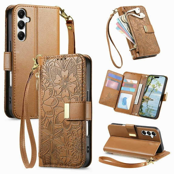 Floral Embossed Zipper Wallet Case for Samsung Galaxy A16 5G/4G, Soft TPU and PU Leather with Lanyard & Card Slots & Kickstand & Magnetic Clasp, Shockproof Drop Protective Rugged Case Cover, Brown