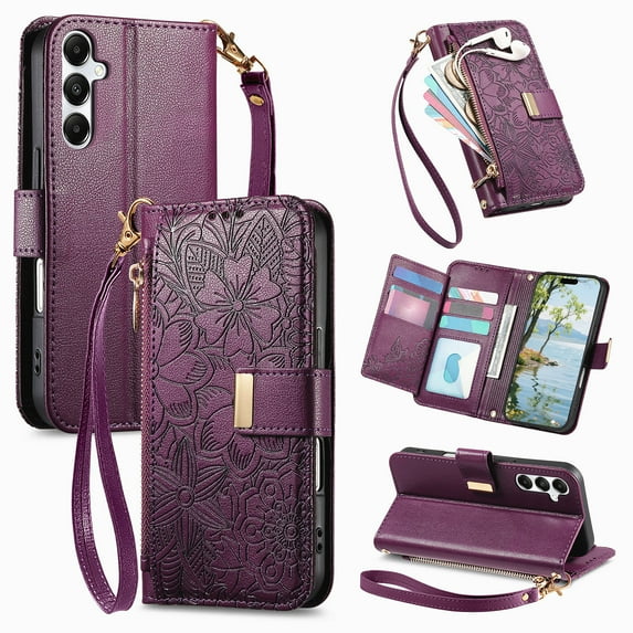 Floral Embossed Zipper Wallet Case for Samsung Galaxy A25 5G, Soft TPU and PU Leather with Lanyard & Card Slots & Kickstand & Magnetic Clasp, Shockproof Drop Protective Rugged Case Cover, Purple