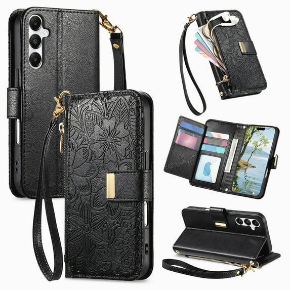 Floral Embossed Zipper Wallet Case for Samsung Galaxy A25 5G, Soft TPU and PU Leather with Lanyard & Card Slots & Kickstand & Magnetic Clasp, Shockproof Drop Protective Rugged Case Cover, Black