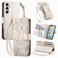 thumbnail image 1 of Floral Embossed Zipper Wallet Case for Samsung Galaxy A35, Soft TPU and PU Leather with Lanyard & Card Slots & Kickstand & Magnetic Clasp, Shockproof Drop Protective Rugged Case Cover, Beige, 1 of 13