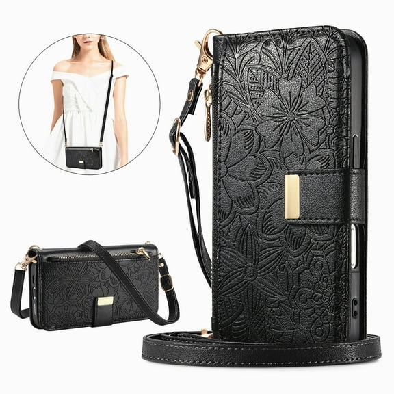 Floral Embossed Zipper Wallet Case for Samsung Galaxy S25 Edge, Soft TPU and PU Leather with Lanyard & Card Slots & Kickstand & Magnetic Clasp, Shockproof Drop Protective Rugged Case Cover, Black