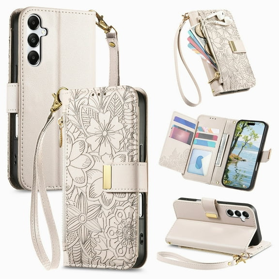 Floral Embossed Zipper Wallet Case for Samsung Galaxy S25 FE, Soft TPU and PU Leather with Lanyard & Card Slots & Kickstand & Magnetic Clasp, Shockproof Drop Protective Rugged Case Cover, Beige