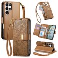 thumbnail image 1 of Floral Embossed Zipper Wallet Case for Samsung Galaxy S25 Ultra, Soft TPU and PU Leather with Lanyard & Card Slots & Kickstand & Magnetic Clasp, Shockproof Drop Protective Rugged Case Cover, Brown, 1 of 10