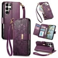 thumbnail image 1 of Floral Embossed Zipper Wallet Case for Samsung Galaxy S25 Ultra, Soft TPU and PU Leather with Lanyard & Card Slots & Kickstand & Magnetic Clasp, Shockproof Drop Protective Rugged Case Cover, Purple, 1 of 13
