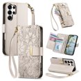 thumbnail image 1 of Floral Embossed Zipper Wallet Case for Samsung Galaxy S25 Ultra, Soft TPU and PU Leather with Lanyard & Card Slots & Kickstand & Magnetic Clasp, Shockproof Drop Protective Rugged Case Cover, Beige, 1 of 13