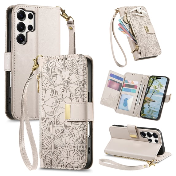 Floral Embossed Zipper Wallet Case for Samsung Galaxy S25 Ultra, Soft TPU and PU Leather with Lanyard & Card Slots & Kickstand & Magnetic Clasp, Shockproof Drop Protective Rugged Case Cover, Beige