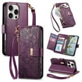 thumbnail image 1 of Floral Embossed Zipper Wallet Case for iPhone 13 Pro Max, Soft TPU and PU Leather with Shoulder Strap & Wrist Strap & Card Slots & Kickstand & Magnetic Clasp, Shockproof Rugged Case Cover, Purple, 1 of 13
