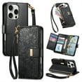 thumbnail image 1 of Floral Embossed Zipper Wallet Case for iPhone 13 Pro Max, Soft TPU and PU Leather with Shoulder Strap & Wrist Strap & Card Slots & Kickstand & Magnetic Clasp, Shockproof Rugged Case Cover, Black, 1 of 13