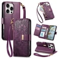 thumbnail image 1 of Floral Embossed Zipper Wallet Case for iPhone 13 Pro, Soft TPU and PU Leather with Shoulder Strap & Wrist Strap & Card Slots & Kickstand & Magnetic Clasp, Shockproof Rugged Case Cover, Purple, 1 of 13