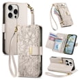 thumbnail image 1 of Floral Embossed Zipper Wallet Case for iPhone 13 Pro, Soft TPU and PU Leather with Shoulder Strap & Wrist Strap & Card Slots & Kickstand & Magnetic Clasp, Shockproof Rugged Case Cover, Beige, 1 of 13