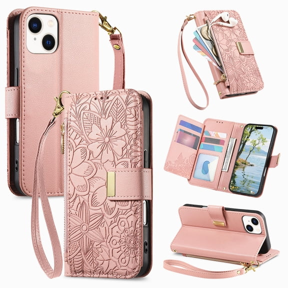 Floral Embossed Zipper Wallet Case for iPhone 15 Plus, Soft TPU and PU Leather with Shoulder Strap & Wrist Strap & Card Slots & Kickstand & Magnetic Clasp, Shockproof Rugged Case Cover, Rosegold