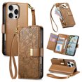 thumbnail image 1 of Floral Embossed Zipper Wallet Case for iPhone 15 Pro Max, Soft TPU and PU Leather with Shoulder Strap & Wrist Strap & Card Slots & Kickstand & Magnetic Clasp, Shockproof Rugged Case Cover, Brown, 1 of 13