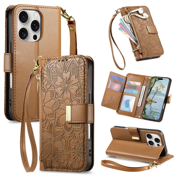 Floral Embossed Zipper Wallet Case for iPhone 15 Pro Max, Soft TPU and PU Leather with Shoulder Strap & Wrist Strap & Card Slots & Kickstand & Magnetic Clasp, Shockproof Rugged Case Cover, Brown