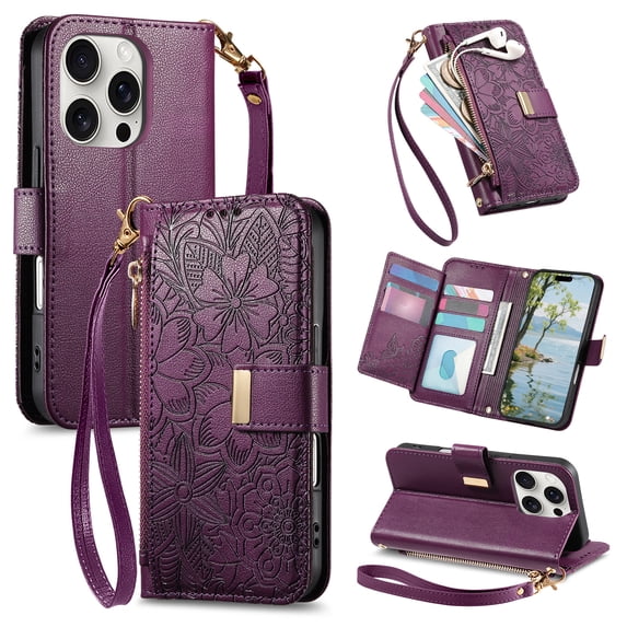 Floral Embossed Zipper Wallet Case for iPhone 15 Pro Max, Soft TPU and PU Leather with Shoulder Strap & Wrist Strap & Card Slots & Kickstand & Magnetic Clasp, Shockproof Rugged Case Cover, Purple