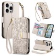 thumbnail image 1 of Floral Embossed Zipper Wallet Case for iPhone 15 Pro Max, Soft TPU and PU Leather with Shoulder Strap & Wrist Strap & Card Slots & Kickstand & Magnetic Clasp, Shockproof Rugged Case Cover, Beige, 1 of 13