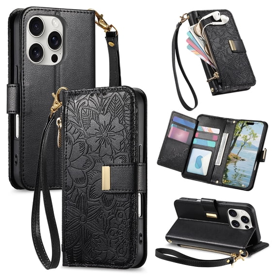 Floral Embossed Zipper Wallet Case for iPhone 15 Pro Max, Soft TPU and PU Leather with Shoulder Strap & Wrist Strap & Card Slots & Kickstand & Magnetic Clasp, Shockproof Rugged Case Cover, Black