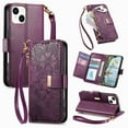 thumbnail image 1 of Floral Embossed Zipper Wallet Case for iPhone 15, Soft TPU and PU Leather with Shoulder Strap & Wrist Strap & Card Slots & Kickstand & Magnetic Clasp, Shockproof Rugged Case Cover, Purple, 1 of 13