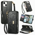 thumbnail image 1 of Floral Embossed Zipper Wallet Case for iPhone 15, Soft TPU and PU Leather with Shoulder Strap & Wrist Strap & Card Slots & Kickstand & Magnetic Clasp, Shockproof Rugged Case Cover, Black, 1 of 13