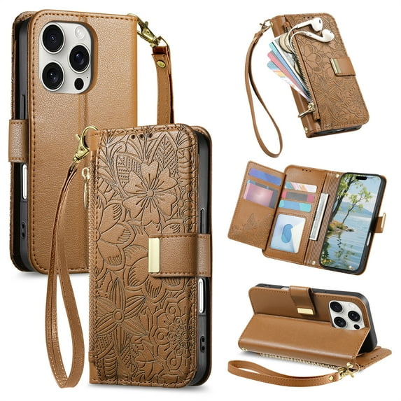 Floral Embossed Zipper Wallet Case for iPhone 16 Pro, Soft TPU and PU Leather with Shoulder Strap & Wrist Strap & Card Slots & Kickstand & Magnetic Clasp, Shockproof Rugged Case Cover, Brown