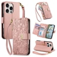 thumbnail image 1 of Floral Embossed Zipper Wallet Case for iPhone 16 Pro, Soft TPU and PU Leather with Shoulder Strap & Wrist Strap & Card Slots & Kickstand & Magnetic Clasp, Shockproof Rugged Case Cover, Rosegold, 1 of 13
