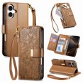 thumbnail image 1 of Floral Embossed Zipper Wallet Case for iPhone 16, Soft TPU and PU Leather with Lanyard & Card Slots & Kickstand & Magnetic Clasp, Shockproof Drop Protective Rugged Case Cover, Brown, 1 of 13