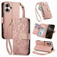 thumbnail image 1 of Floral Embossed Zipper Wallet Case for iPhone 16, Soft TPU and PU Leather with Lanyard & Card Slots & Kickstand & Magnetic Clasp, Shockproof Drop Protective Rugged Case Cover, Rosegold, 1 of 13