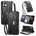 thumbnail image 1 of Floral Embossed Zipper Wallet Case for iPhone 16, Soft TPU and PU Leather with Lanyard & Card Slots & Kickstand & Magnetic Clasp, Shockproof Drop Protective Rugged Case Cover, Black, 1 of 13