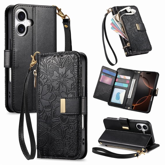 Floral Embossed Zipper Wallet Case for iPhone 16, Soft TPU and PU Leather with Lanyard & Card Slots & Kickstand & Magnetic Clasp, Shockproof Drop Protective Rugged Case Cover, Black