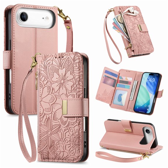 Floral Embossed Zipper Wallet Case for iPhone Air, Soft TPU and PU Leather with Shoulder Strap & Wrist Strap & Card Slots & Kickstand & Magnetic Clasp, Shockproof Rugged Case Cover, Rosegold