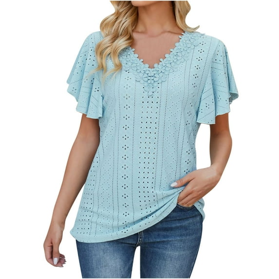 Floral Embroid Patchwork Tops for Women V Neck Flutter Sleeve Mesh Hole Summer 2025 Trendy Solid Blouses Blue,2XL