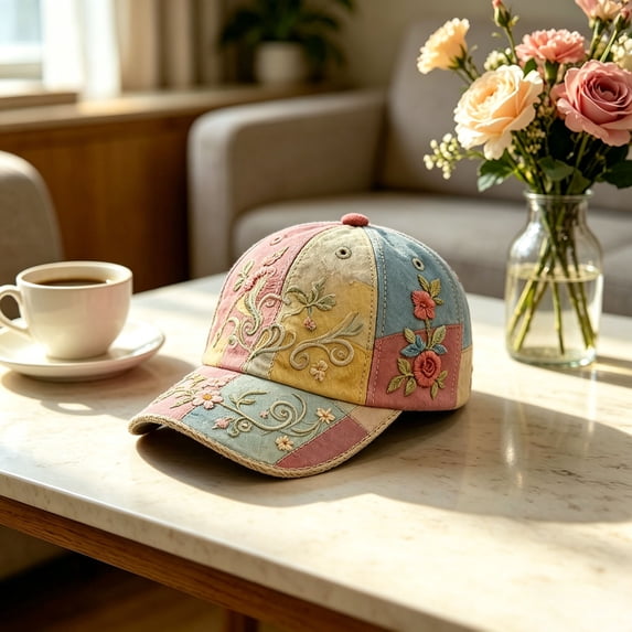 Floral Embroidered Baseball Cap Adjustable Patchwork Sun Hat Breathable Cotton For Women Travel Outdoor Casual Wear