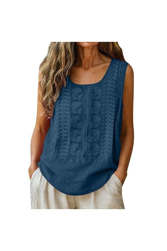 Floral Embroidered Boho Tank Top for Women Sleeveless Gauze Shirt Cotton Linen Vest Plus Size Summer Dressy Blouse