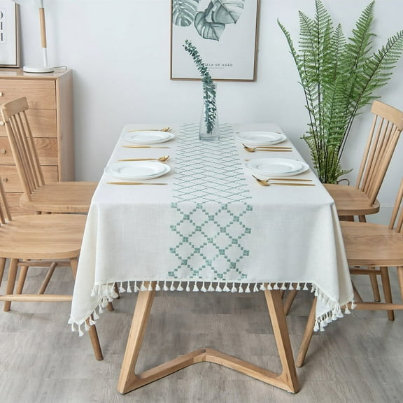 Floral Embroidered Checkered Tablecloth with Fringe - Rectangle Lace Trim Tea Table Cover for Coffee Table, Dining Decor