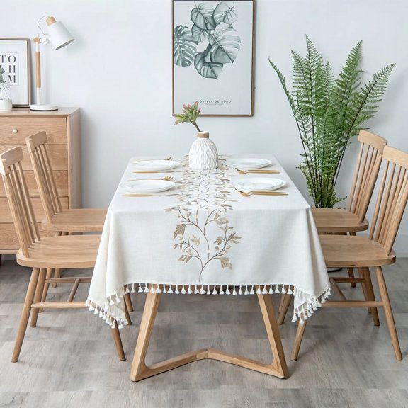 Floral Embroidered Checkered Tablecloth with Fringe - Rectangle Lace Trim Tea Table Cover for Coffee Table, Dining Decor