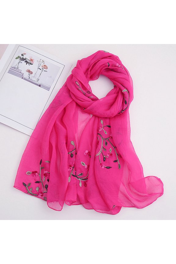 Floral Embroidered Chiffon Scarf, Silk-Like Lightweight Beach Wrap Shawl for Women, Summer Spring Evening Dress Cover Up, Gift Idea Hot Pink