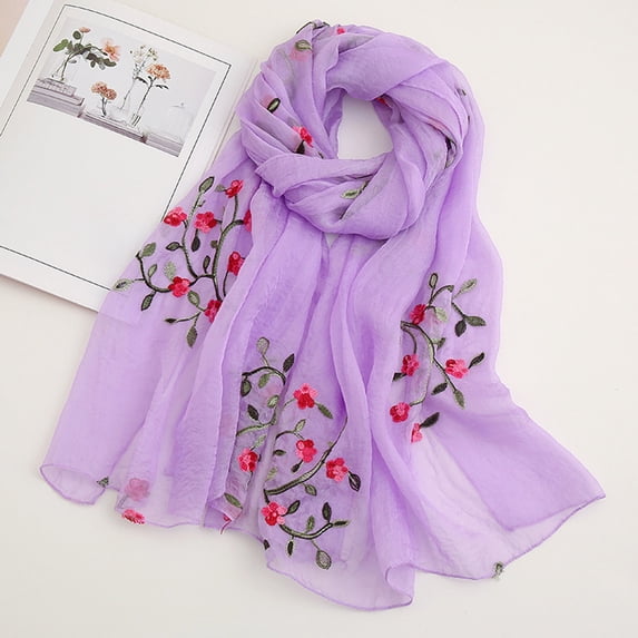 Floral Embroidered Chiffon Scarf, Silk-Like Lightweight Beach Wrap Shawl for Women, Summer Spring Evening Dress Cover Up, Gift Idea Light Violet