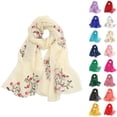 thumbnail image 1 of Floral Embroidered Chiffon Scarf, Silk-Like Lightweight Wrap Shawl with UPF Sun Protection for Spring, Summer, Beach, and Travel, Bohemian Fashion Accessory-Beige, 1 of 4