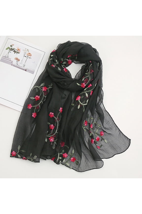 Floral Embroidered Chiffon Scarf, Silk-Like Lightweight Wrap Shawl with UPF Sun Protection for Spring, Summer, Beach, and Travel, Bohemian Fashion Accessory-Black