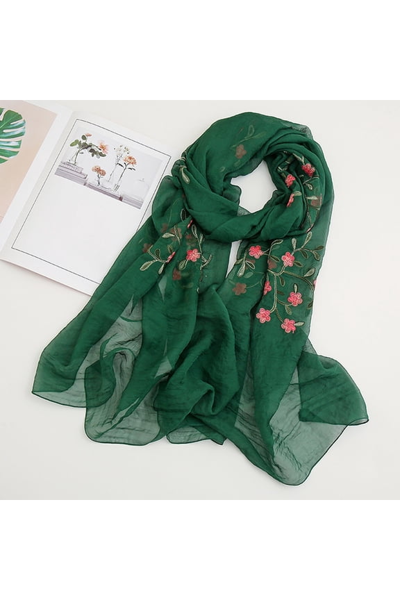 Floral Embroidered Chiffon Scarf, Silk-Like Lightweight Wrap Shawl with UPF Sun Protection for Spring, Summer, Beach, and Travel, Bohemian Fashion Accessory-Blackish Green