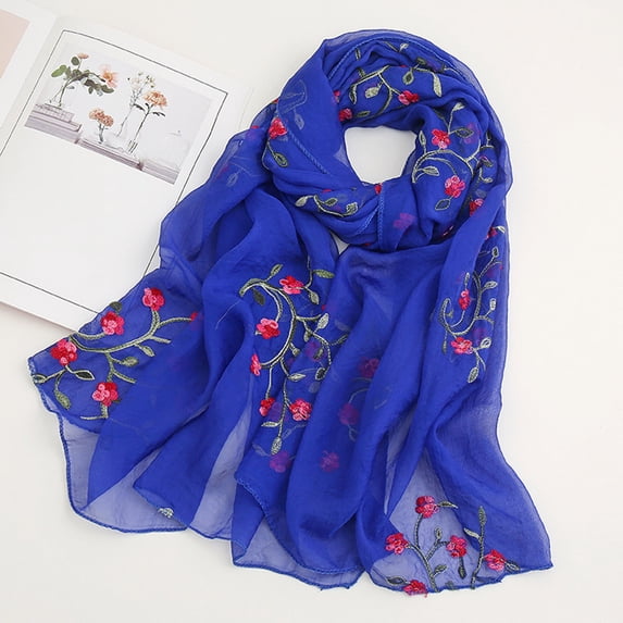 Floral Embroidered Chiffon Scarf, Silk-Like Lightweight Wrap Shawl with UPF Sun Protection for Spring, Summer, Beach, and Travel, Bohemian Fashion Accessory-Blue