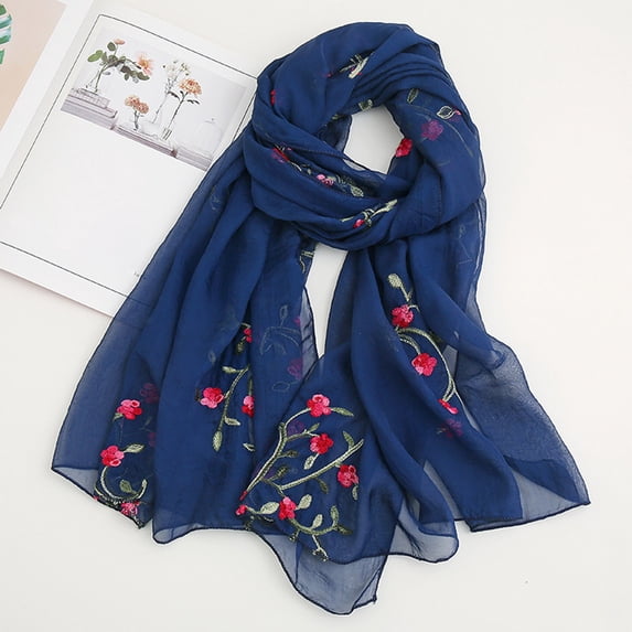 Floral Embroidered Chiffon Scarf, Silk-Like Lightweight Wrap Shawl with UPF Sun Protection for Spring, Summer, Beach, and Travel, Bohemian Fashion Accessory-Navy