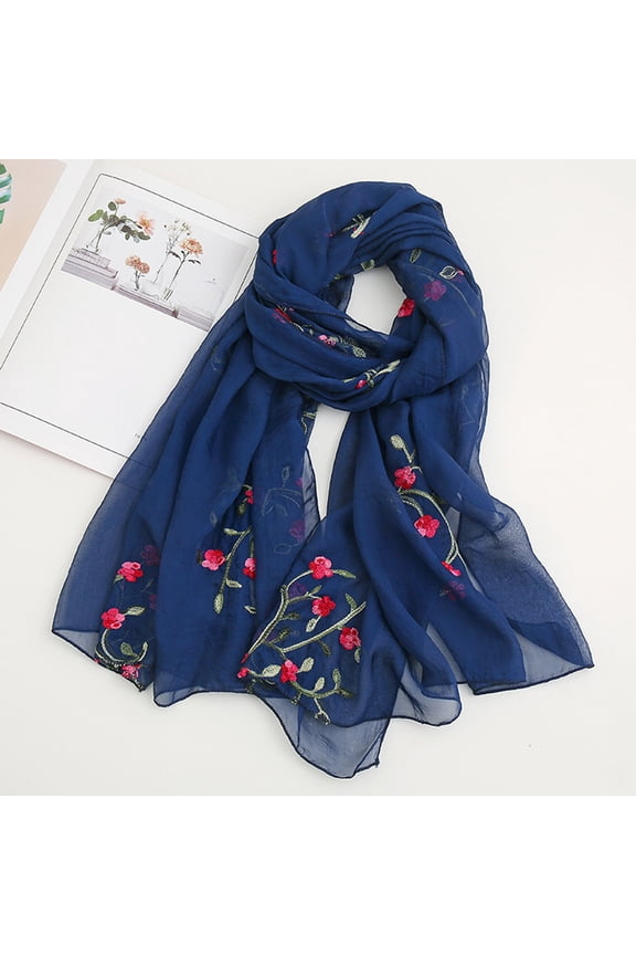 Floral Embroidered Chiffon Scarf, Silk-Like Lightweight Wrap Shawl with UPF Sun Protection for Spring, Summer, Beach, and Travel, Bohemian Fashion Accessory-Navy