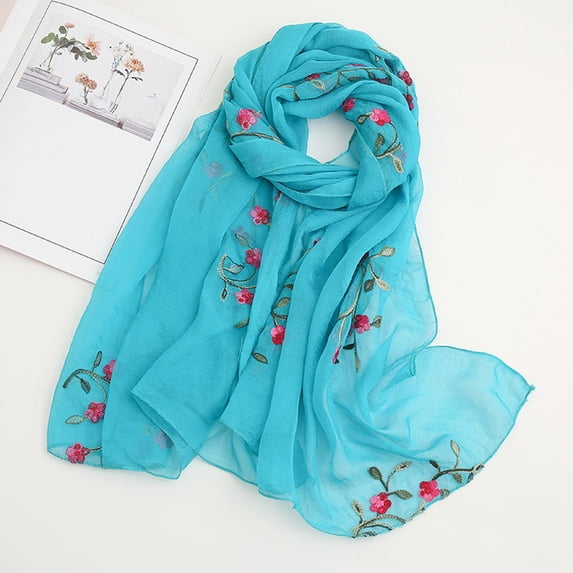 Floral Embroidered Chiffon Scarf, Silk-Like Lightweight Wrap Shawl with UPF Sun Protection for Spring, Summer, Beach, and Travel, Bohemian Fashion Accessory-Sky Blue