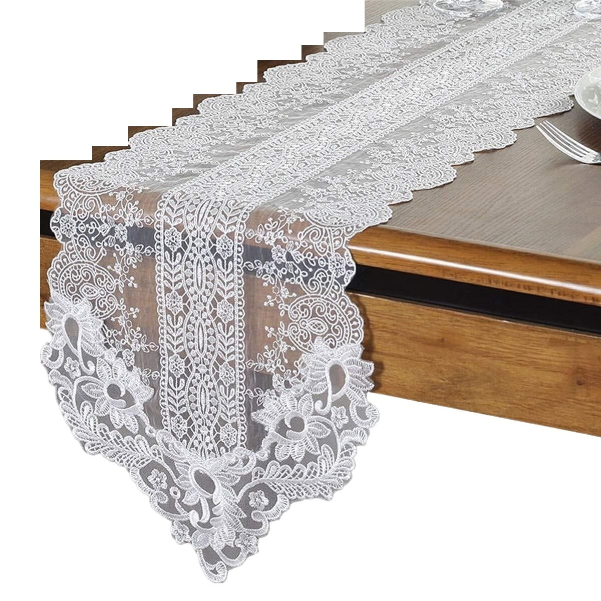 Floral Embroidered Classic Lace Table Runner and Dresser Scarf