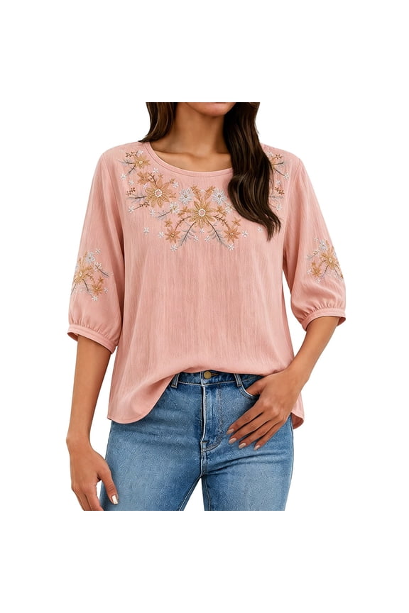 Floral Embroidered Cotto Linen Shirts for Women 3/4 Sleeve Crewneck Retro Embroidered Tops Summer Plus Size Lightweight Gauze Shirts Loose Fit Casual Boho Beach Vacation Blouse Pink Xxl