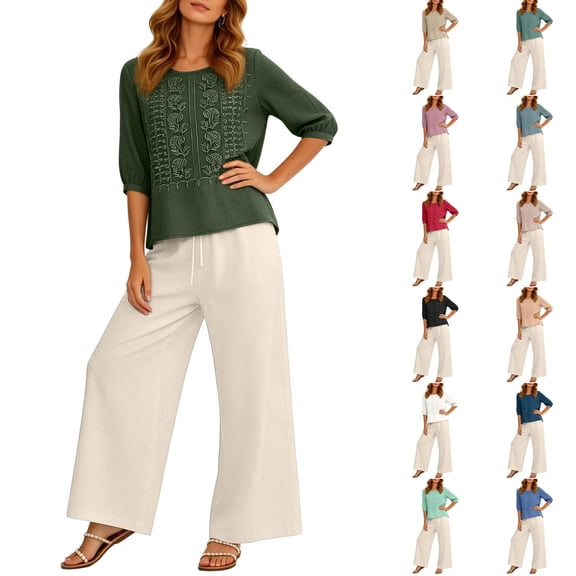 Floral Embroidered Cotton Linen Set for Women, Round Neck 3/4 Sleeve Blouse with Drawstring Wide Leg Pants - Boho Summer Casual Co-ord Outfit Complexion XXXL
